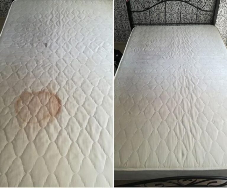 before and after of a large mattress stain and clean mattress