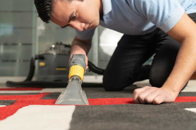 Rug Cleaning​. a professional carpet cleaner vacuuming a rug